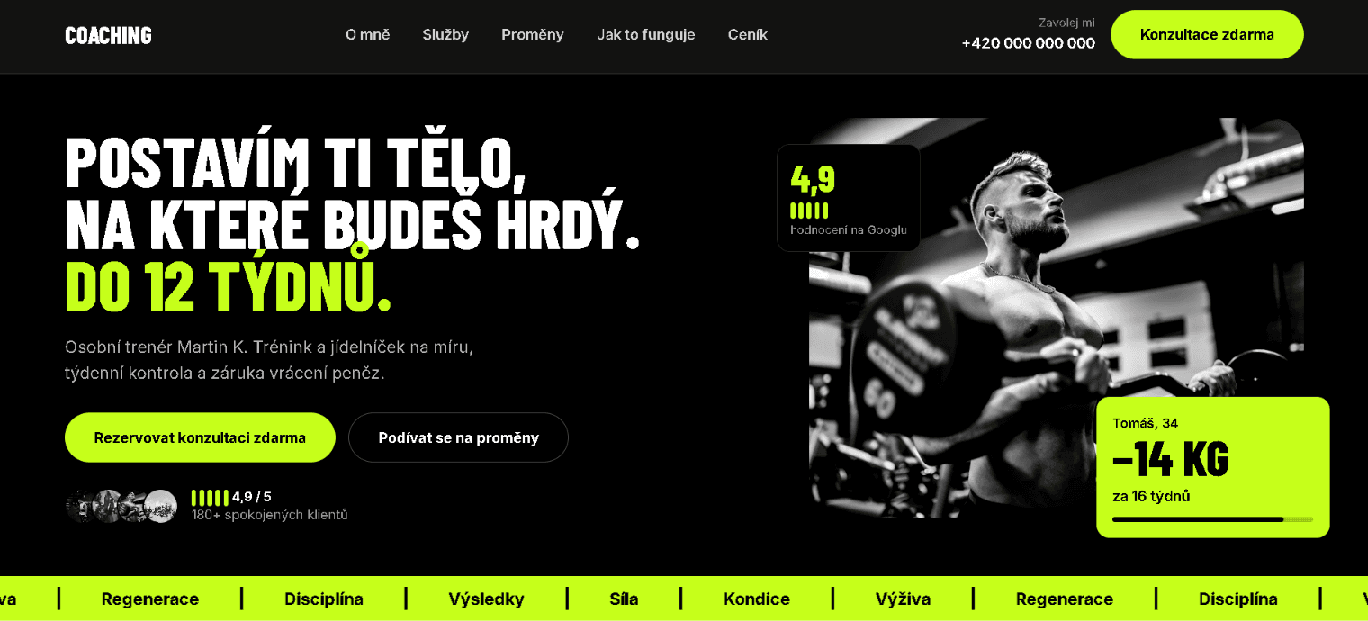 Úvodní stránka webu pro osobního trenéra